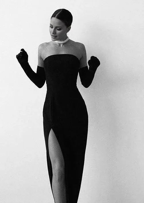 TingPo Wholesale Sexy Sheath Strapless Long Black Prom Dress With Gloves